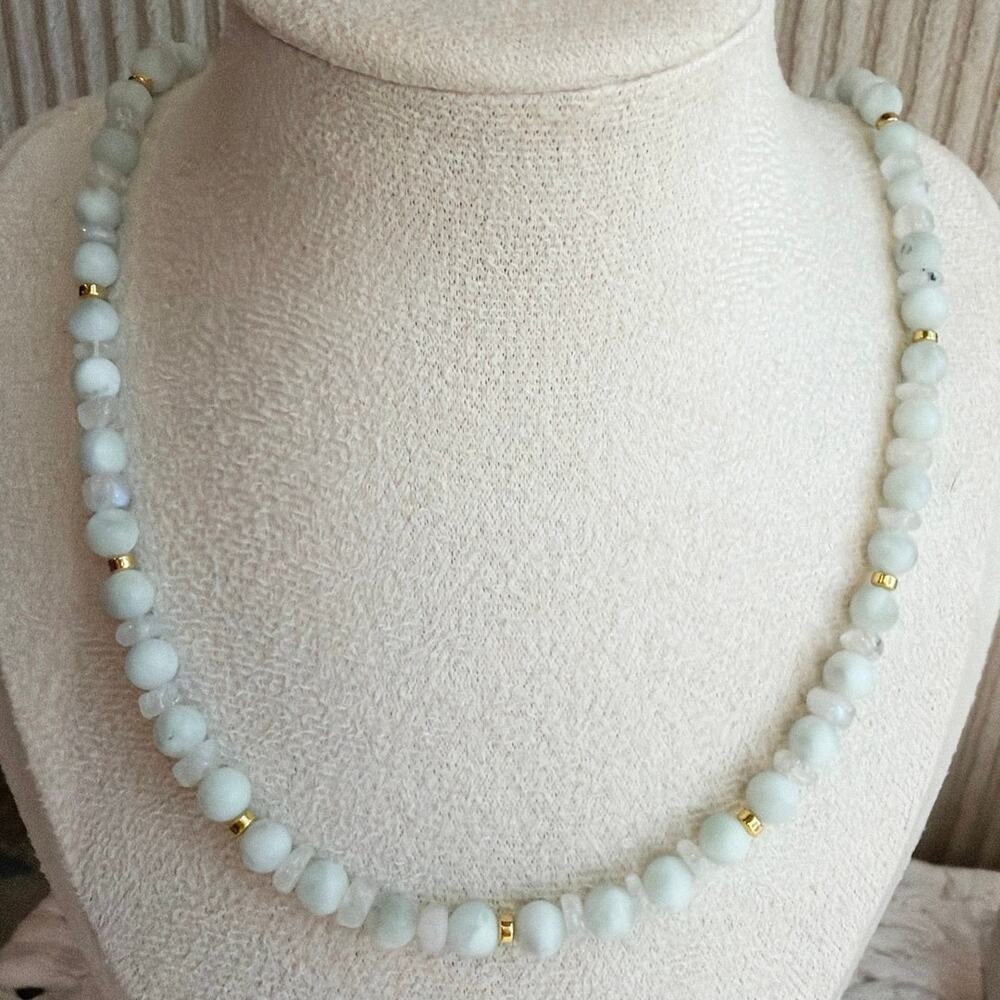 19.5" Beaded Gemstone Necklace, Rainbow Moonstone, Green Moonstone, Sterling